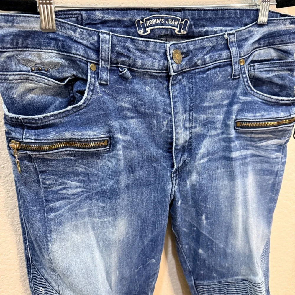 Robin's Jean Mens Blue Denim Biker Moto Jeans Zipper Detail Size 36 USA Made